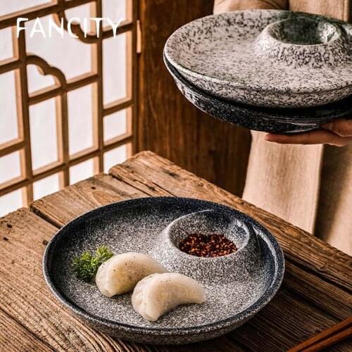 FANCITY Japanese Creative Dumpling Plate Ceramic Plate with Vinegar Plate Home Dish Plate Breakfast Plate Barbecue Sushi Plate