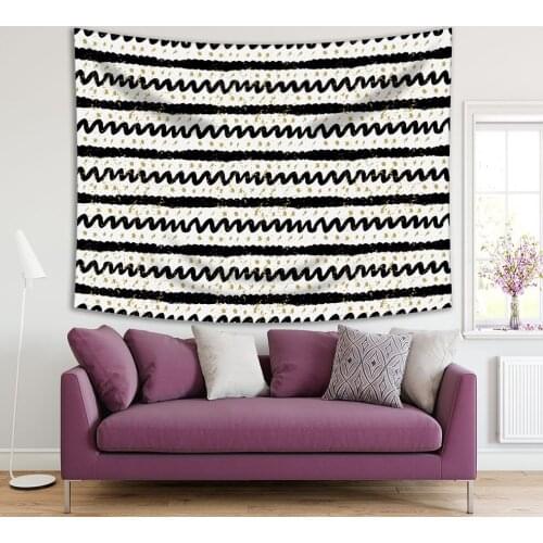 Tapestry Calligraphic Brush Gold Strokes and Dots Hand Drawn Black White Stripes Zigzag Modern Artwork
