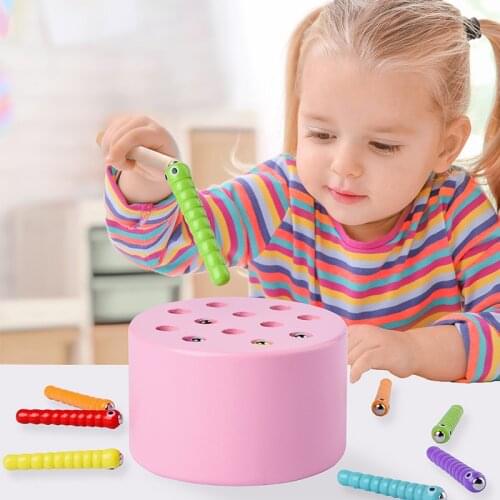 Magnetic Caterpillar Montessori Educational Wooden Toys Baby Memory Training catching insect fishing Game Math Educational Toys