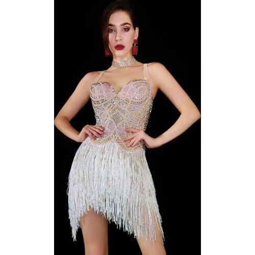 Flashing Multi-Color Rhinestones Pearl Fringe Dress WomenS Birthday Party Outfit Bar Women Singer Dancer Dress Rave Wear DT1918