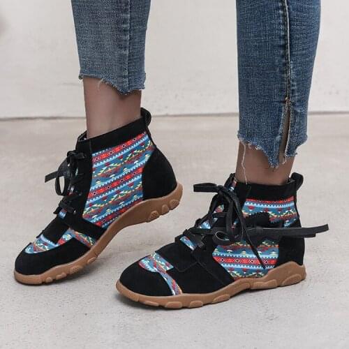 Fashion 2121 Spring Autumn Embroidered Women Boots Boho Ladies Round Head Short Boots Female Lace-up Boots Casual Womens Boots