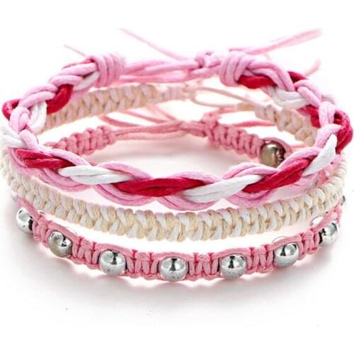 Fashion 3Pcs/set Handmade Weave Bracelets Bangles Charm Red Rope Adjustable Riveting Leather Bracelet For Women Jewelry Gifts