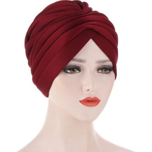 Muslim Folds Turban Hat Female Warm Headscarf Bonnet Hat Winter Elastic Cotton Head Cover Caps Women Solid Color India Hats