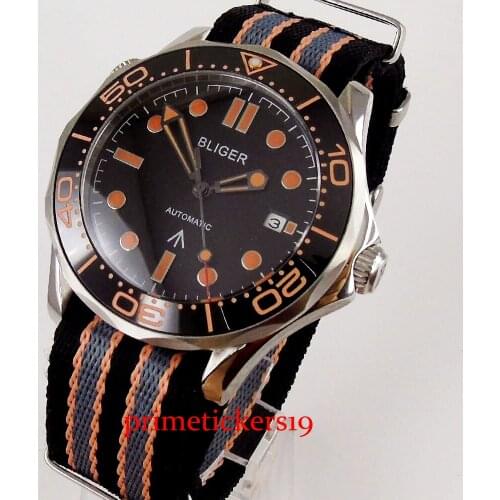 BLIGER 41mm black dial orange hands date indicator nylon strap individual novel design automatic mens watch