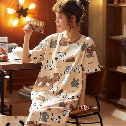 Womens Homedress Knee-Length Nightdress Half Sleeve Nightgowns Girls Sleepwear Cotton Sleepshirts Casual Loose Home Clothing