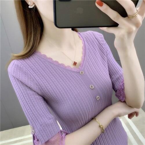 2021 Direct Selling Room 198003 8 Rows 2 Up] Real Shot Solid Color V-neck Lace Splicing Short Sleeve T-shirt 32