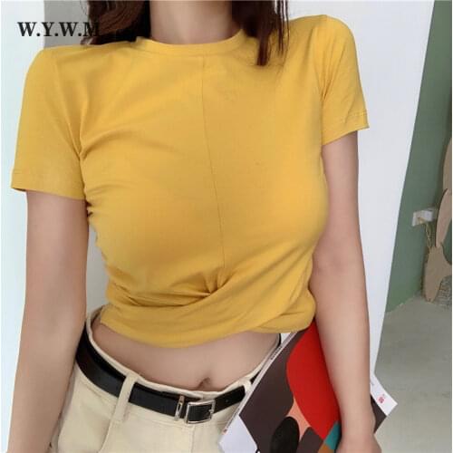WYWM Soild Color Crop Tops Women Y2K Summer O-neck Short Sleeve T-shirts Knitted T Shirt Harajuku Tee Casual Cute Pullovers