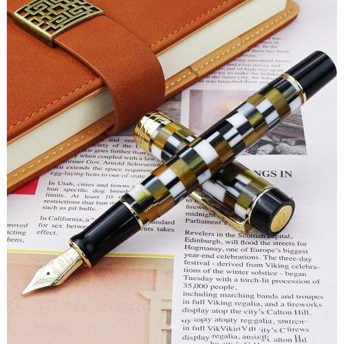 Jinhao 100 14K Gold Resin Fountain Pen Brown Checkerboard Fine Size 0.5mm Ink Pen with Converter for Business Office Writing