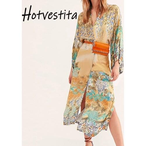 Hotvestita Women Kimono Beach Dresses Cotton Floral Print Short Sleeve Girdle Loose Kaftan Beach Cover Up Cardigan Bikini Veil