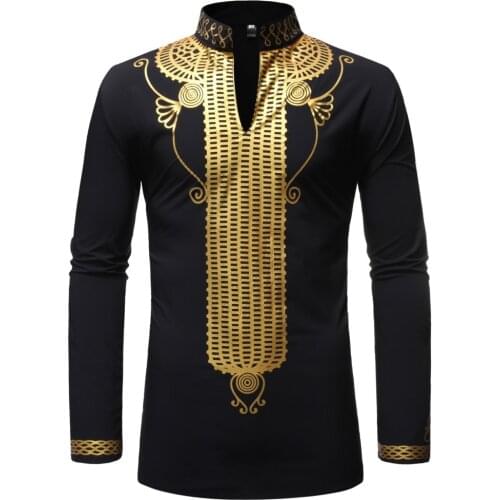 Black African Print Dashiki Print Shirt Men NEW Fashion Streetwear Casual African Clothes Male Long Sleeve Shirt Camisas Homme