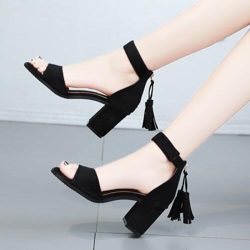 Black High-Heeled Sandals Summer Fashion Tassel Word With Buckle Open Toe Cool Roman Style Simple High-Heeled Women Shoes