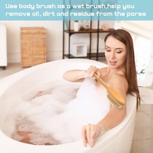 Shower Brush with Natural Bristle Long Wooden Handle Bath Body Brush for Wet Dry