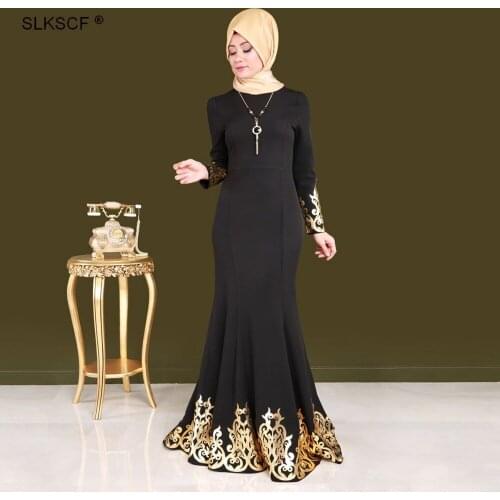 [SLKSCF] Black Long Sleeve Dress Kaftan Palace Style Muslim Women Abayas Female Dress Islamic Clothing Gold Stamping Dubai Abaya