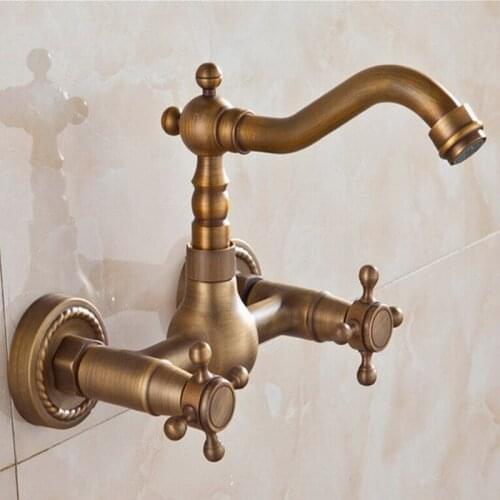 Kitchen Faucet Wall Mounted Antique Brass Dual Handles Swivel Spout Bathroom Basin Sink Mixer Tap KD1259
