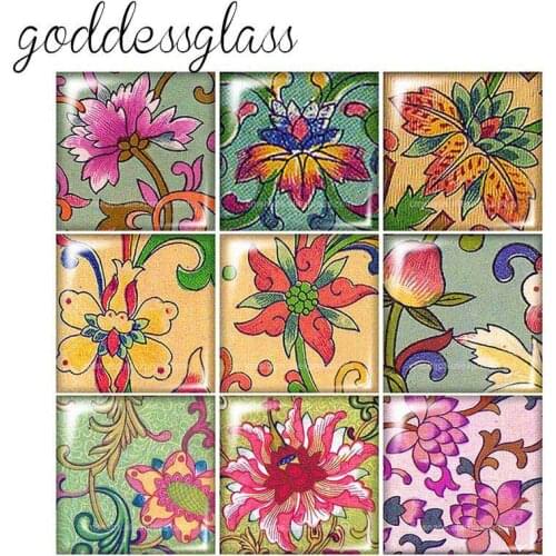 New Beauty Vintage flowers patterns 12mm/20mm/25mm/30mm Square photo glass cabochon demo flat back Making findings FB0008