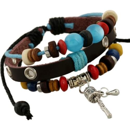 Vintage Fashion Beads Charm Multilayer Leather Bracelet Wrap Handmade Prayer Wheel Bangle Wristband Retro Punk Women Men Jewelry