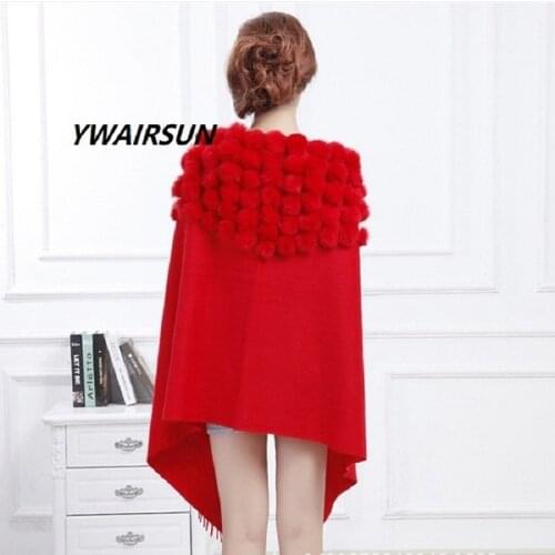 YWAIRSUN Lengthen cashmere wool shawl real rabbit fur triangle ball Ponchos And Capes mother gift scarf fashion warm Comfortable