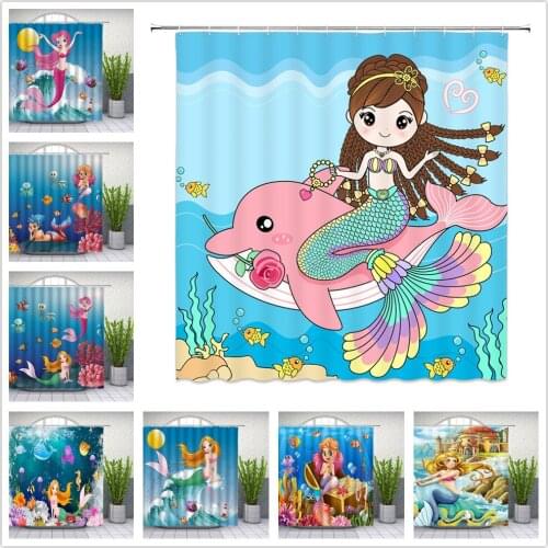 Cartoon Mermaid Shower Curtains Beautiful Girl Fish Tail Dolphin Ocean Fairy Tales Kids Bathroom Decor Waterproof Curtain Set