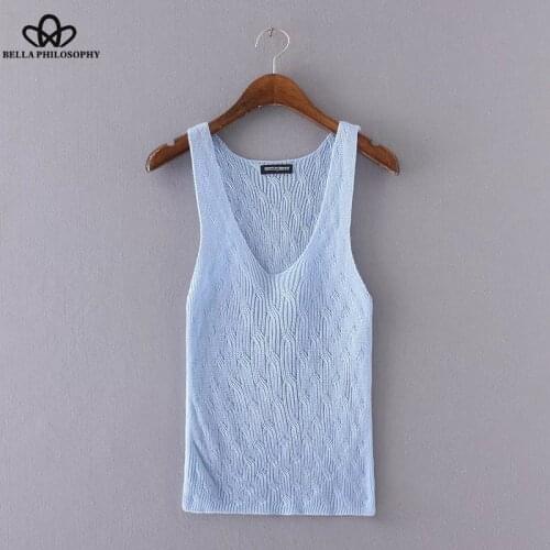 Bella Philosophy 2018 summer new women high stretch sleeveless knitted slim V-neck T-shirt blue black red white