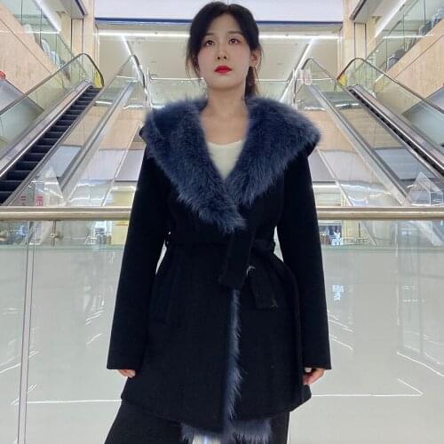 Winter Jacket Real Fur Coat 100% Natural Fox Fur Liner Women Fashion Casual Woolen Outwear Adjustable Waist Free Shipping