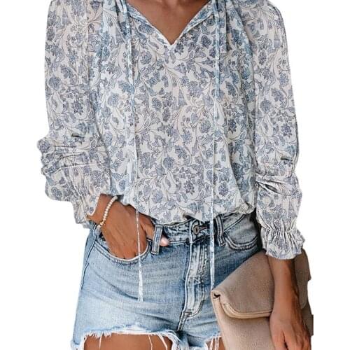 Women Spring Summer Boho Style Chiffon Blouses Shirt Elegant Ladies Flowers Chiffon V-neck T Shirt Elegant Female Clothing New