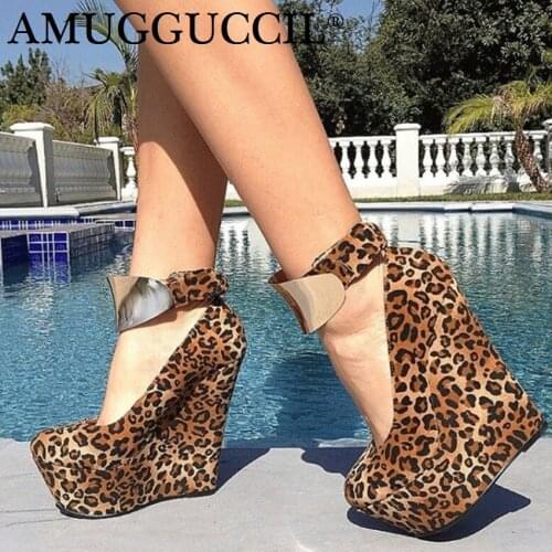 2020 New Customize Plus Big Size 35-48 Leopard Fashion 15CM High Heel Platform Girls Females Lady Wedge Shoes Women Pumps D1173