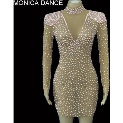 Sexy Pink Rhinestone Pearl Transparent Dress Prom Women Dance Short Dress Birthday Celebrate Stereoscopic Shoulder Dress