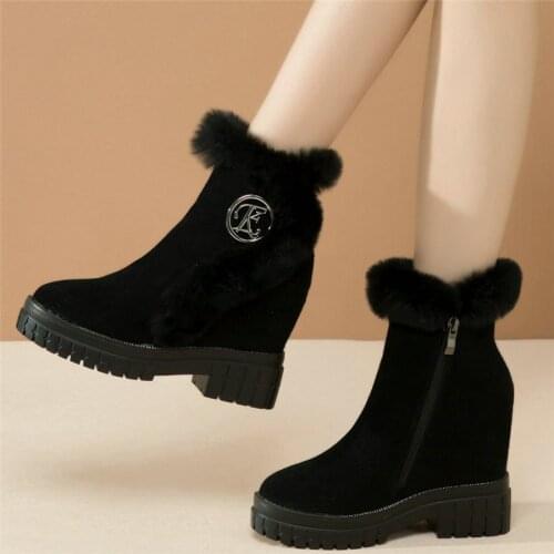 Winter Trainers Women Genuine Leather Chunky High Heels Snow Boots Female High Top Warm Fur Platform Ankle Boots Casual Shoes
