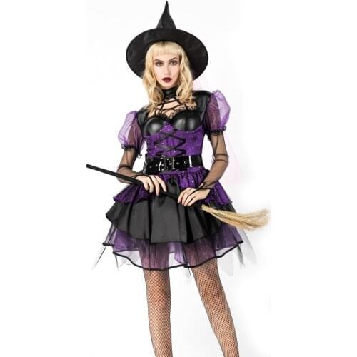 2-Pcs Gothic Witch Halloween Costume Sorceress Costume Adult Witch Purple Fancy Dress Witch Wicked Cosplay Sexy Rolita Costume