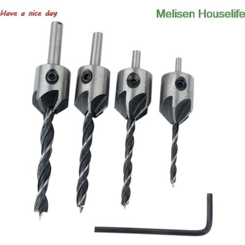 4pcs HCS 5 Flute Drill Bit Wood Countersink Drill Set Carpentry Reamer Woodworking Chamfer End Milling Wood Tool 3mm-6mm