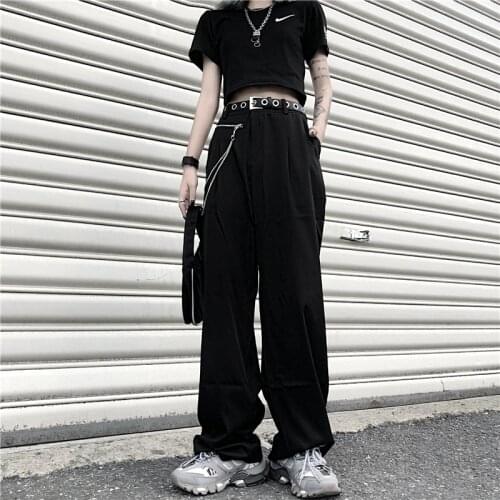 Punk Gothic Black Wide Leg Pants Women Spring Hip Hop Plus Size Japanese Streetwear Loose With Chain Hippie Cargo Trousers B060