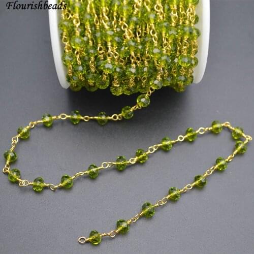 10 Meters Anti-Rust Gold Color Wire Linked 2X4mm / 4x6mm Faceted Bright Green Color Glass Rondelle Beads Chains