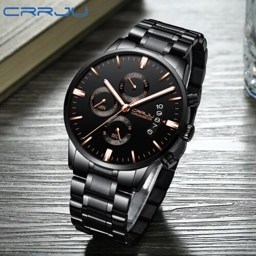 CRRJU Men Stainless Steel Quartz Watch Waterproof Watch Multi-function Chronograph Date Wristwatch Men Watch Sport Reloj Hombre