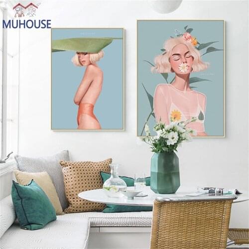 Flower Leaves and Girl Aesthetic Posters Scandinavian Wall Art Canvas Painting for Living Room Decoration Fashion Picture Prints