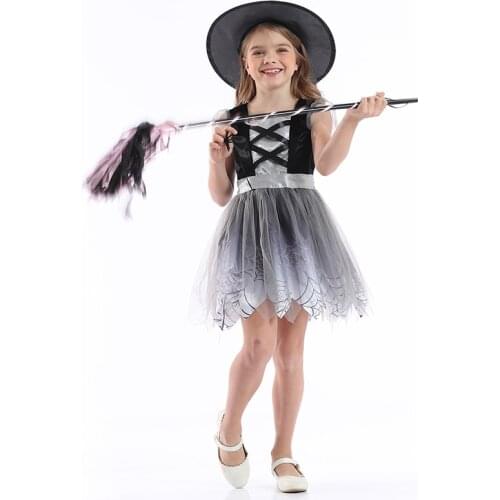 Halloween Gray Witch Cosplay Dress Scary Spider Witchcraft Costume For Kids Horror Ghost Skirt Party dress up Girls