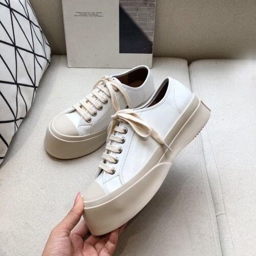 White black thick sole plaforms casual Shoes Women Round toe lace up spring flat heel British style genuine leather sneakers