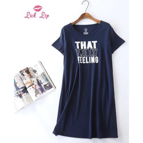Lick Lip Plus Size Blue Cotton Women Nightdress Round Neck Letter printing Sleepwear Casual breathable Home Clothes SWD17101-30