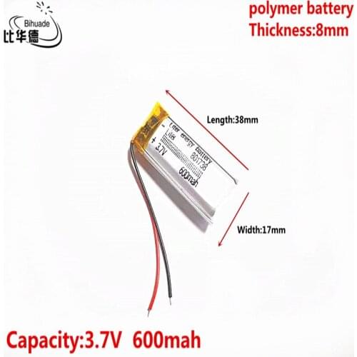 The factory 3.7V 600MAH 801738 Lithium Polymer LiPo Rechargeable Battery For Mp3 headphone PAD DVD bluetooth camera