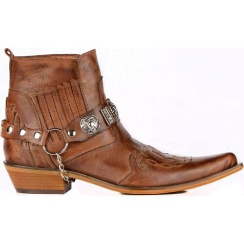 FootCourt- Tan Cowboy Ankle Boots Western Boots Tobacco Genuine Leather Pointed Toe Buckle Elastic Side Vintage Motorcycle Boots