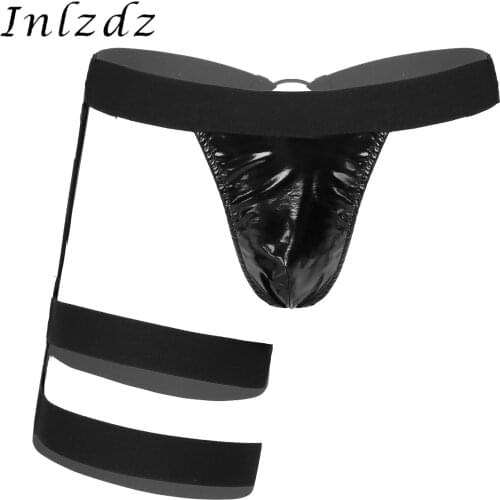 Mens Lingerie Underwear with Leg Garters Wide Elastic Band Briefs Thong O-Ring Patent Leather Jockstrap G-String Underpants