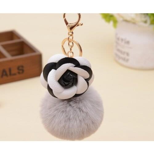 Genuine Leather Black&white Male&female Keychain Bag Plush Car Key Ring Car Key Camellia Flower Hat