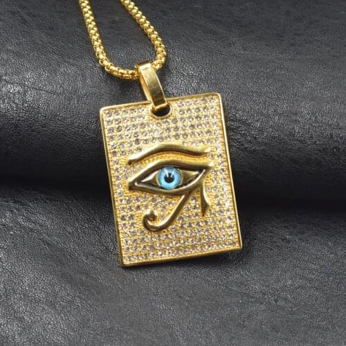 Hip Hop Rock Full zircon Bling Ice Out Gold Color 316L Stainless Steel Horus Eyes Square Pendant Necklace for Men Rapper Jewelry