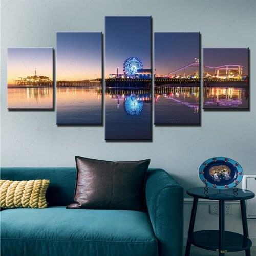 Print Poster Wall Art Modular Canvas City View Neon Pictures Ferris Wheel Painting Home Background 5 Set Living Room Decor Frame