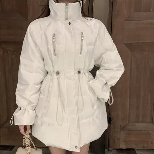 Luxurious Womens Winter Cotton Coat Casual Loose Warm White Skirt Parkas Stand Collar Elegant Overcoat Woman Korean Long Jacket