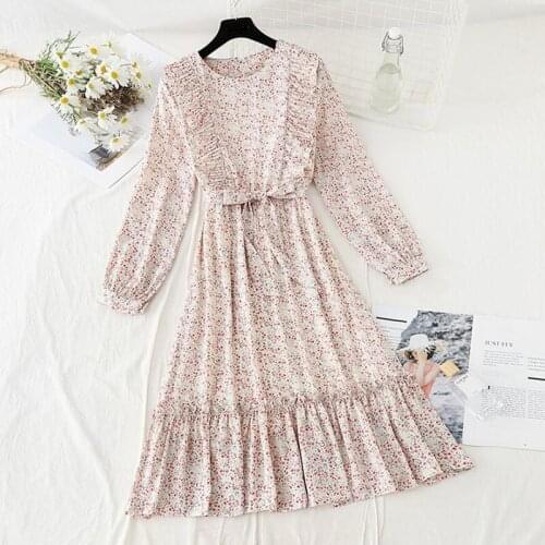 Sweet O-Neck Belt Long Sleeve Floral Dress 2021 Spring Vintage Ruffle Party Chiffon Long Dress Elegant Womens Clothing