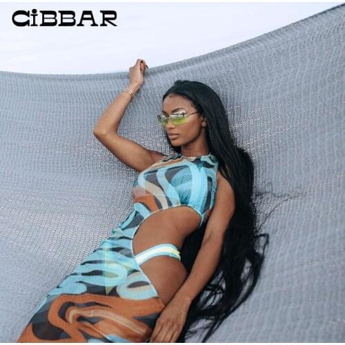 CIBBAR Sexy Mesh Print Hollow Out Long Dress Women Sleeveless Bodycon See Through Midi Dresses Summer Casual Party Clothing 2021