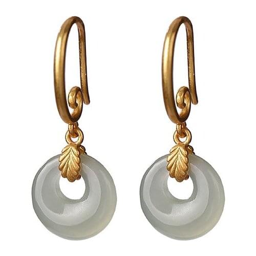 925 sterling silver gold-plated natural Hetian gray jade earrings personalized leaves peace buckle earring pendant for ladies
