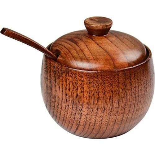 Salt Jar Sugar Bowl Creative Seasoning Bottle Wooden Kitchen Supplies Retro With Lid And Spoon Solid Wood Spice Pot