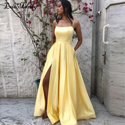 Light Yellow Prom Dresses Long 2021 With Pocket High Split Evening Party Dress Formal A-line vestidos de gala cortos