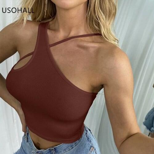 USOHALL Summer Solid Sexy Inclined Shoulder Neck-Mounted Crop Top Women Knit Camis Tank Tops